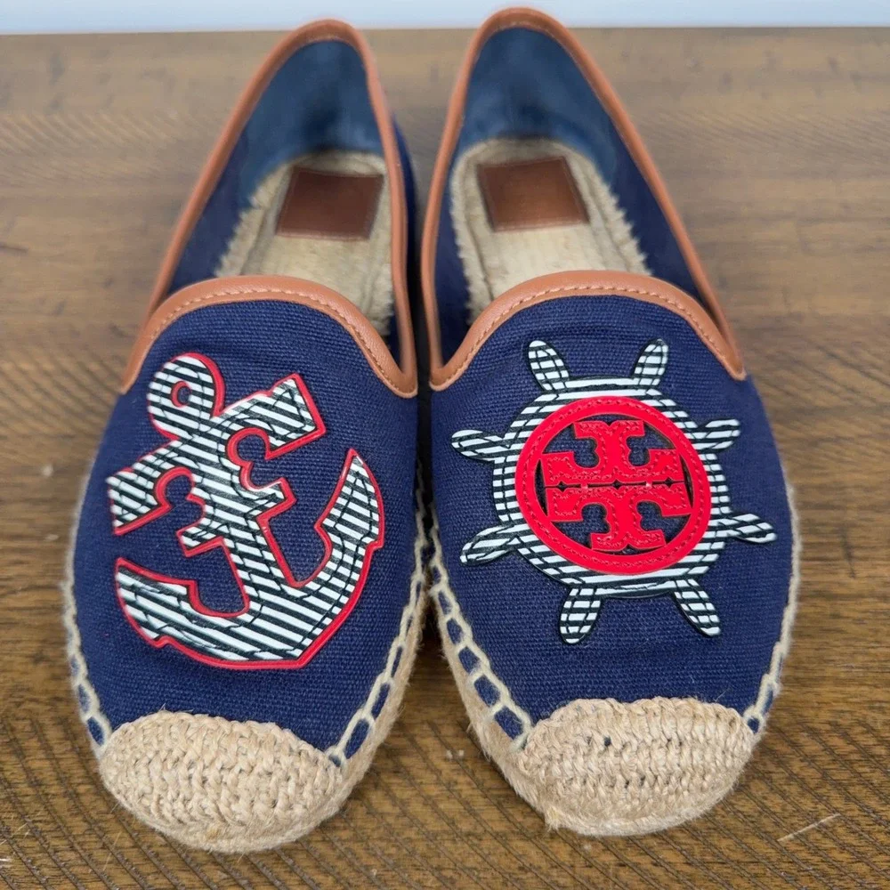 Tory Burch Espadrilles Womens 8 Navy Blue Maritime Flats Canvas Anchor Nautical